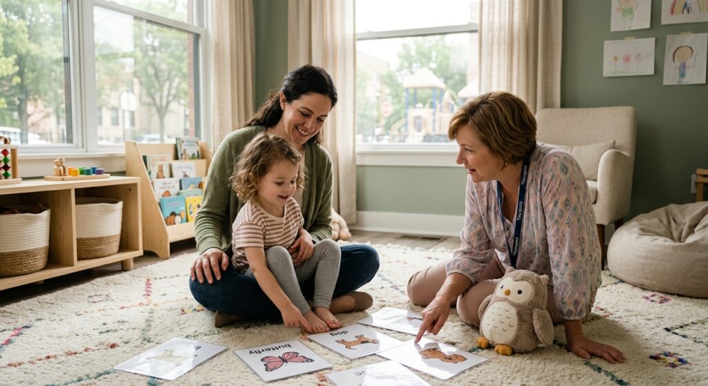 Parent and young child sitting together on the floor with a therapist in a bright, welcoming pediatric therapy office